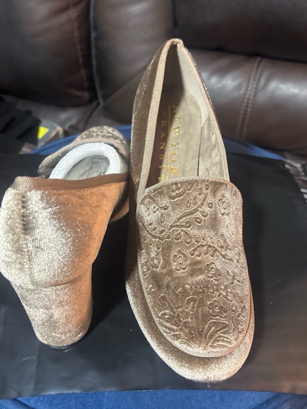New York Transit Bronze Velvet Embroidered Slip-On Loafers